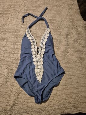 Blue Halter One-Piece Swimsuit with Ivory Crochet Trim